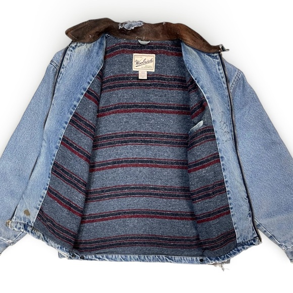 Woolrich 90s Denim Work Jacket Men's L Leather Collar Blanket Lined Distressed - Picture 12 of 16
